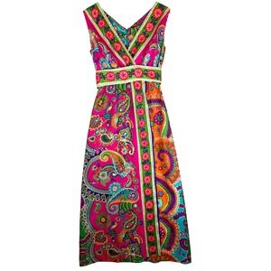 VTG Psychedelic Paisley Floral Maxi Dress Pink Orange Green Garden Party Boho